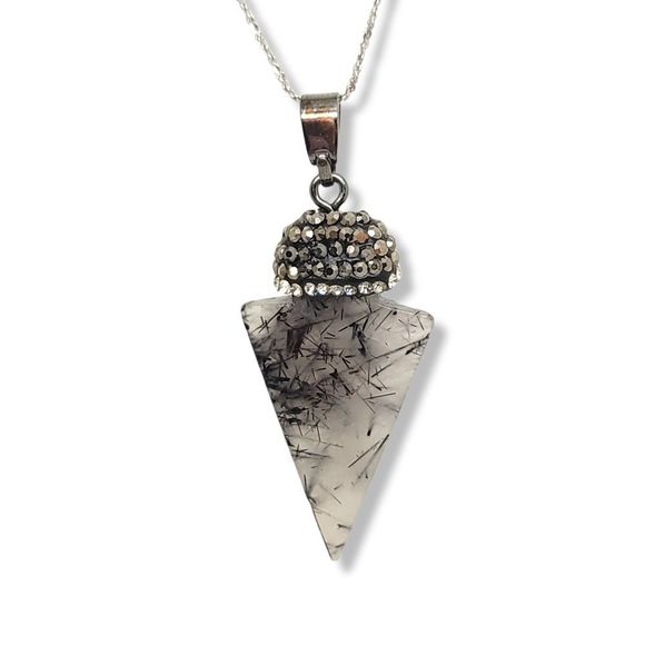 Rutilated Quartz Pointing Stone Arrow Gunmetal White Crystal accents Pendant 24" - Picture 1 of 6